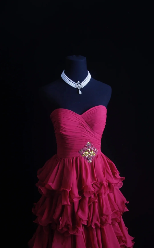 Pretty Sweetheart Neck Hot Pink Chiffon Layered Tiered 2000s Long Prom Dresses Evening Dress D4567