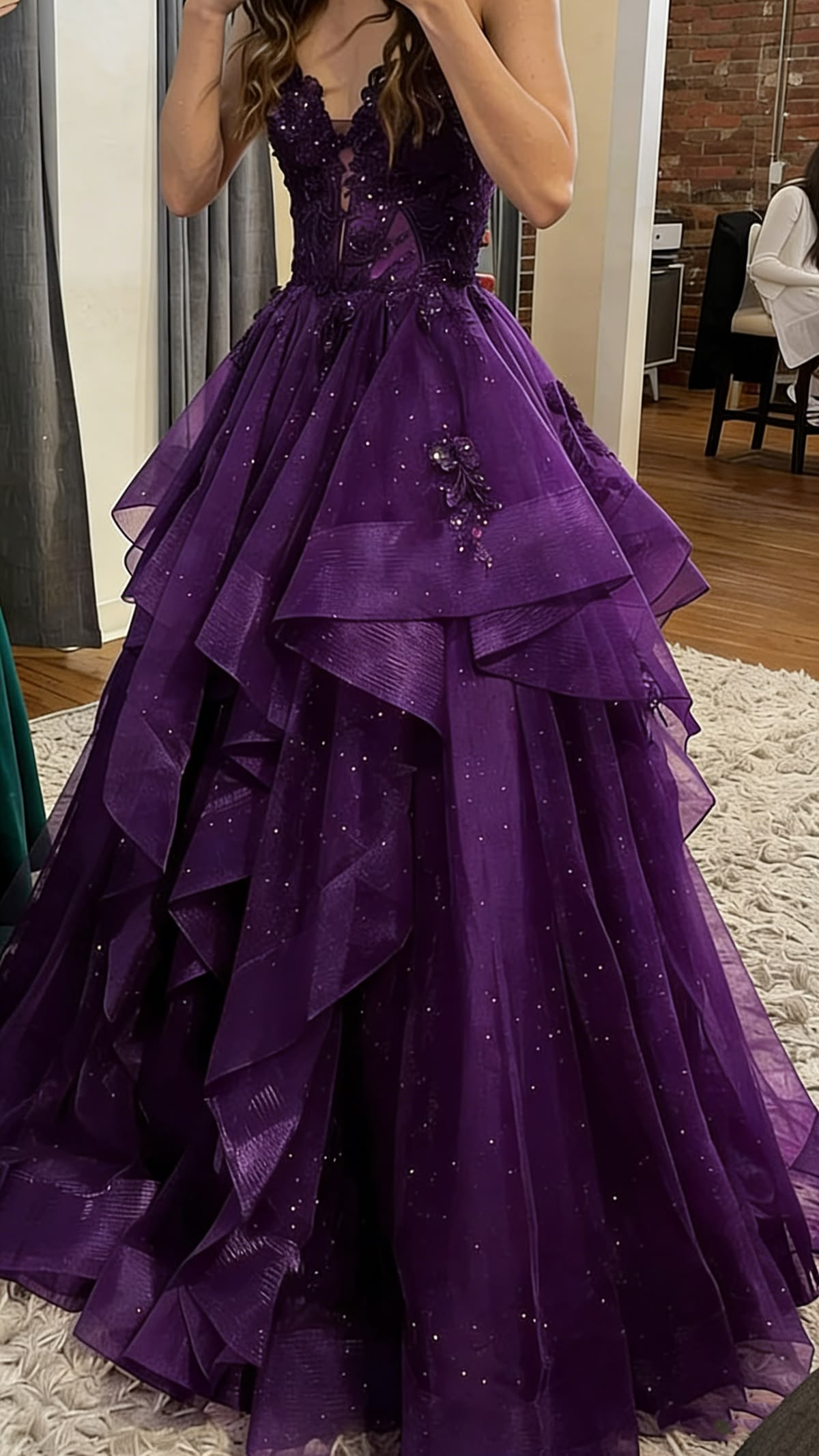 Shiny Spaghetti Straps Purple Tulle Sequin Appliques Long Party Dress Birthday Prom Dresses D4396