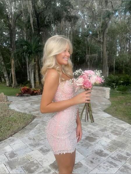Pretty Pink Sheath Satin Tulle Pearls Beaded Short 15th Birthday Outfits,Formal Graduation Homecoming Dress D4234