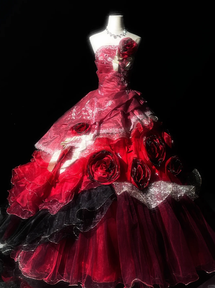 Charming Spaghetti Straps Red Strapless Tulle Appliques 3D Flowers Ball Gown Quinceanera Dress D936