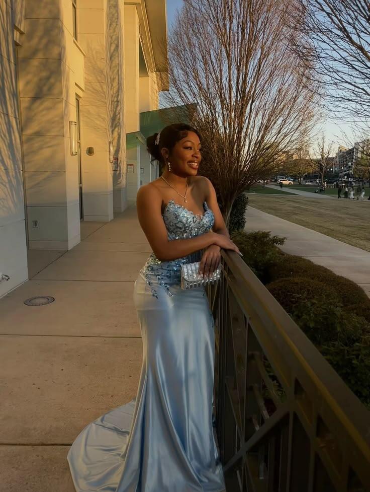 Pretty Strapless Blue Satin Sequin Mermaid Long Party Dress Evening Gown D5184