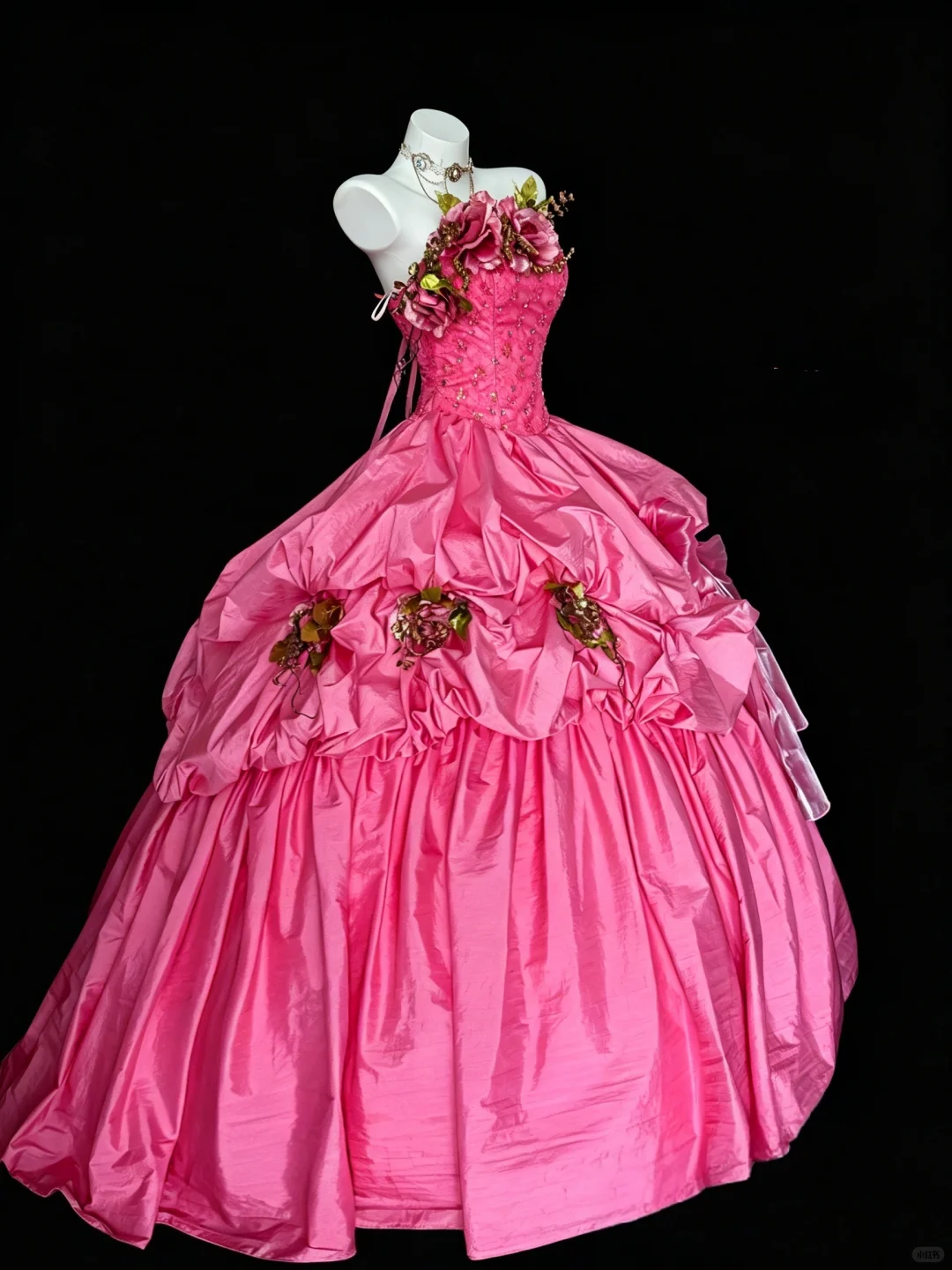 Sweet Hot Pink Strapless Satin Pleated Floral Quinceanera Dress Sweet 15 16 Dress D5238