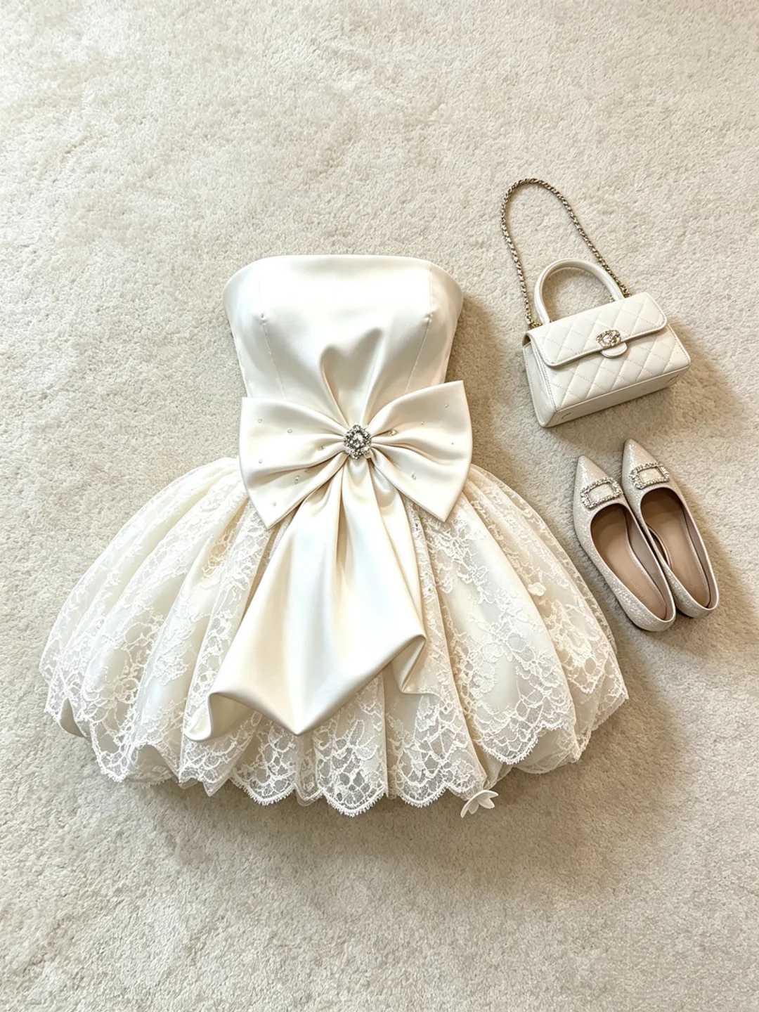 Cute Strapless White Satin Lace Beaded Short Homecoming Dress Cocktail Dress D3052