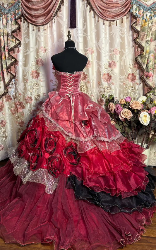 Beautiful Red Quinceanera Dress Strapless Tulle Appliques Layered Ball Gown With 3D Flowers D2193