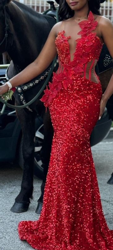 Charming Red Sleeveless Sequin Appliques Mermaid Prom Dress Long Evening Gown D1164