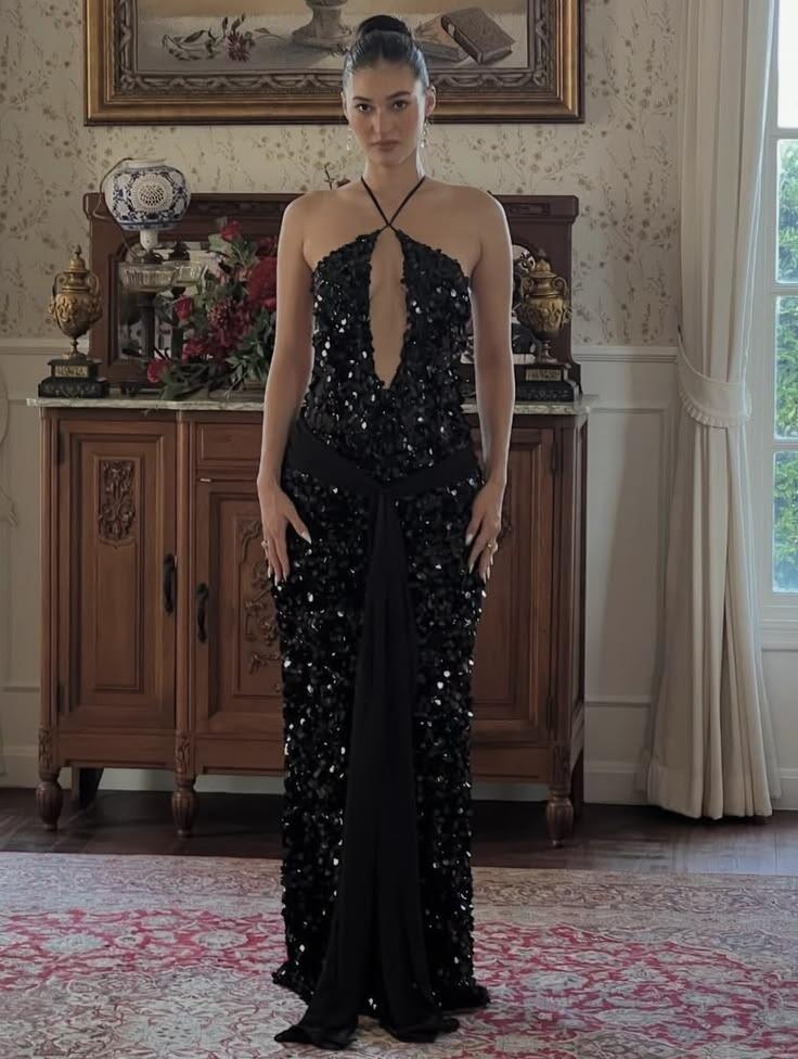 Classy Black Sequin Sleeveless Long Party Dress Birthday Evening Dress D5202