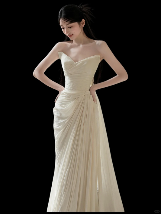 Elegant Strapless Tulle Pleated Slit Mermaid Evening Dress,Off White Long Prom Dress D2920