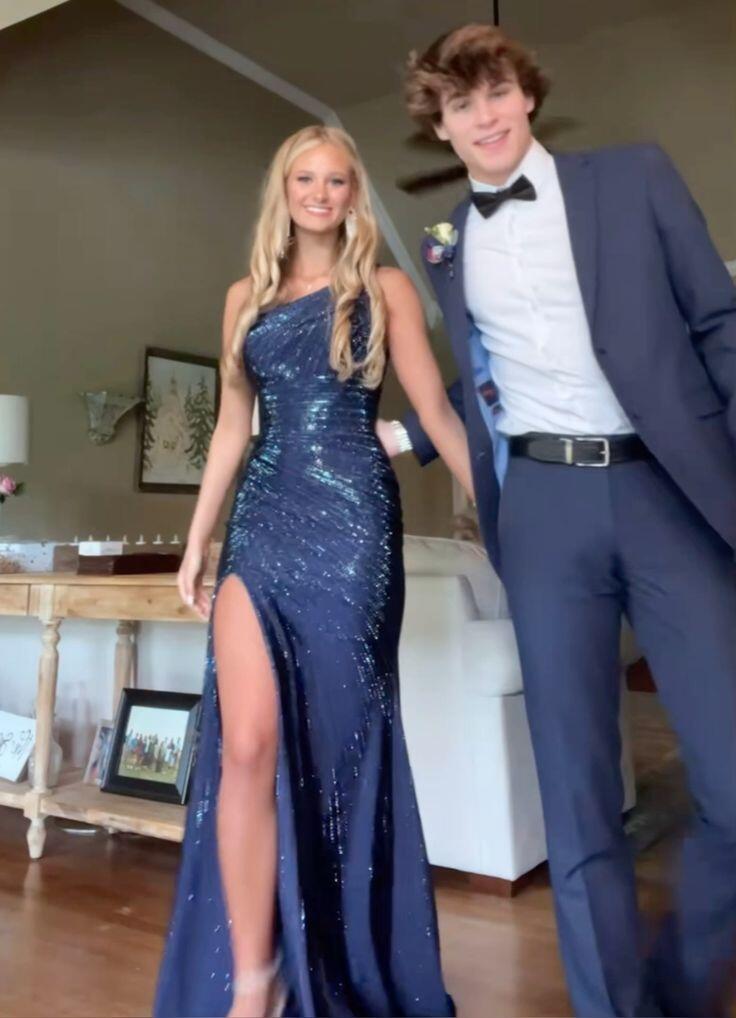 Sexy Blue Satin Sequin Slit Mermaid Long Party Dress One Shoulder Evening Dress D5175