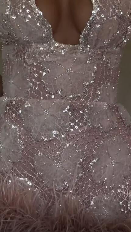 Elegant V Neck Satin Sequin Feathers Short Party Dress Pink Sheath Short Homecoming Dress D4454