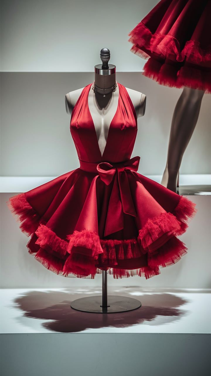 Elegant Red Halter Satin Tulle A Line Short Homecoming Dress Formal 19th Birthday Dress D623