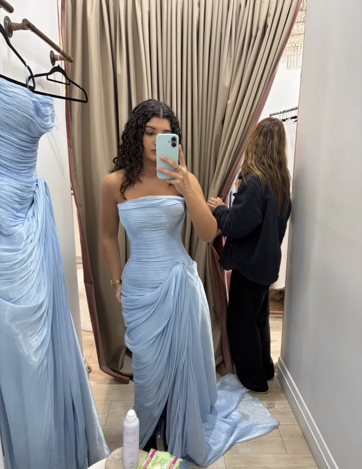 Elegant Blue Tulle Pleated Mermaid Long Party Dress Strapless Long Birthday Prom Gown D5026