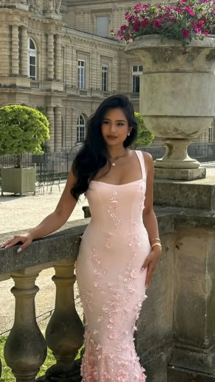 Charming Pink Tulle Satin Beaded Appliques Party Dress Mermaid Long Prom Gown D1021