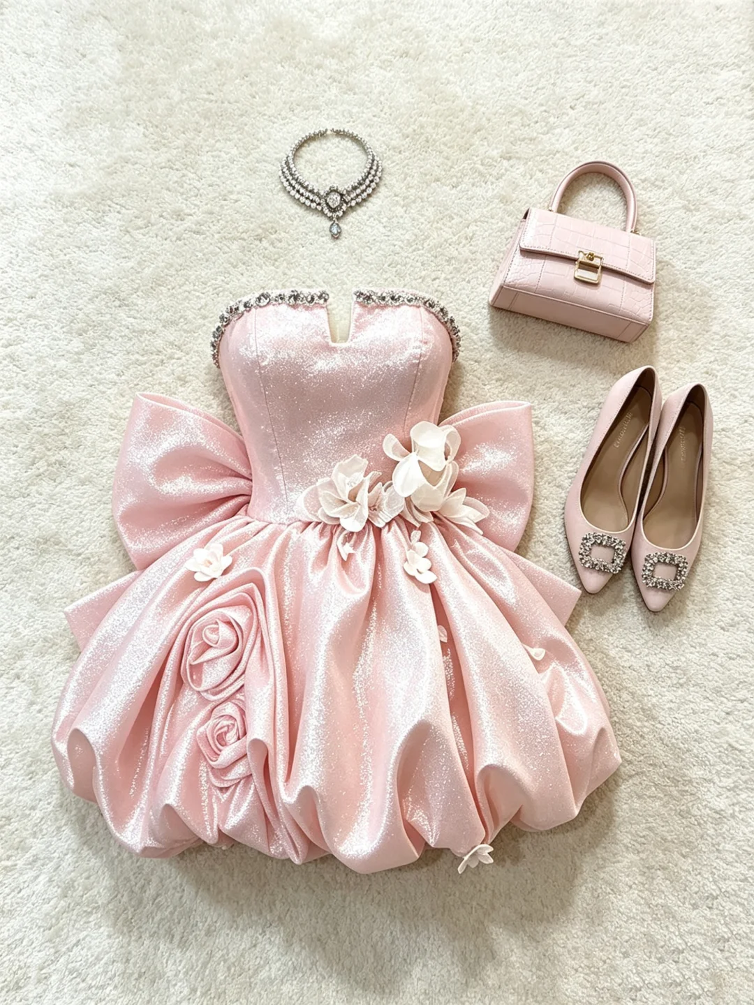 Sweet Pink Strapless Sequin Floral Beaded A Line Short Graduation Homecoming Dress Birthday Dress With Bow D3053