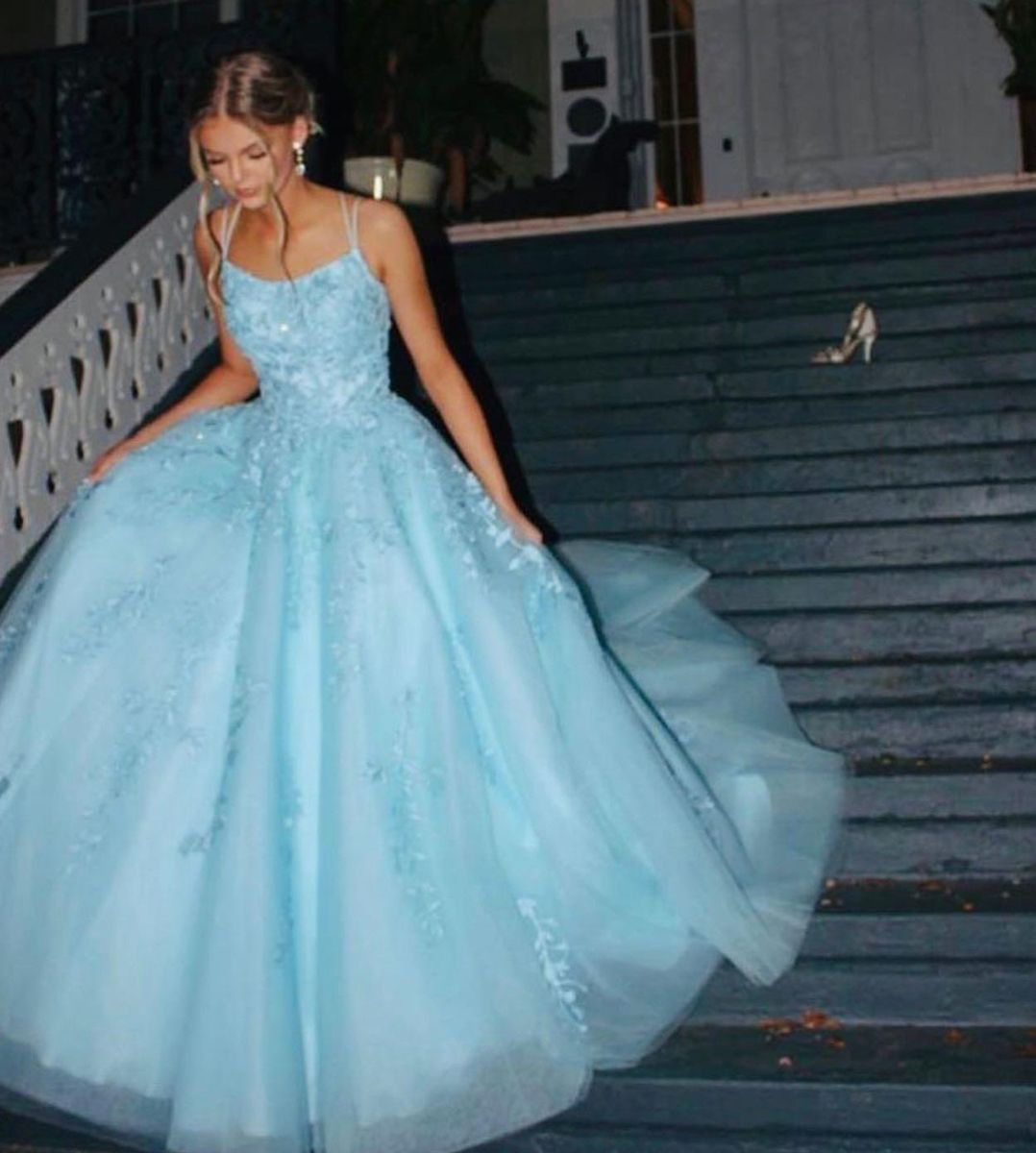 Stunning Spaghetti Strap Light Blue Tulle Appliques Long Evening Dress Birthday Prom Dress D5437