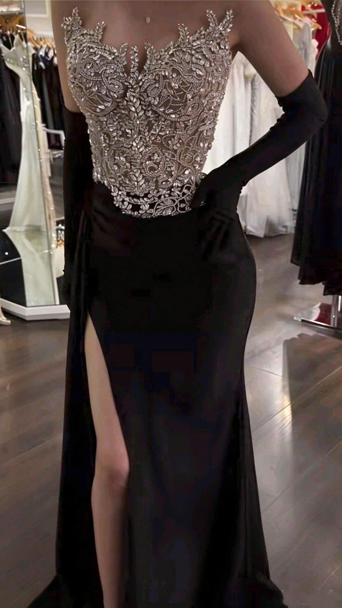 Sparkly Strapless Satin Beaded Mermaid Evening Dress Black Slit Long Party Dress With Gloves D5155