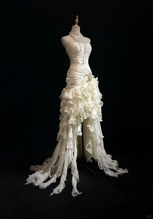 Elegant Strapless Off White Chiffon Pleated Ruffles Mermaid Evening Dress Long Prom Dress D3122