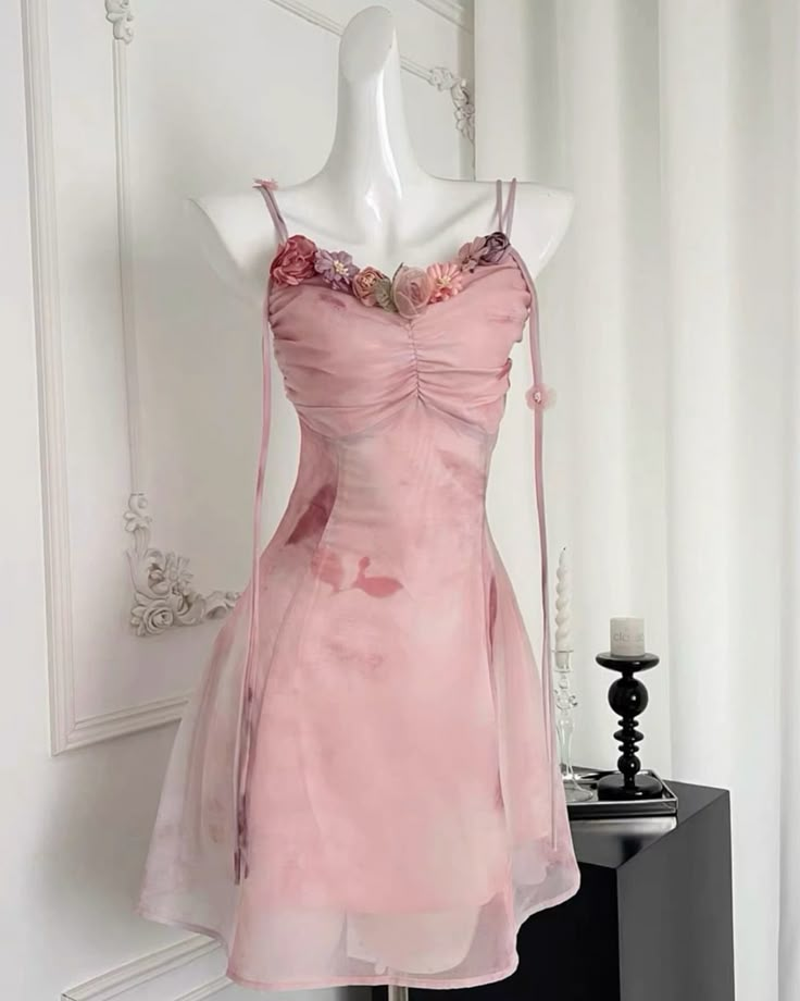 Cute Pink Floral Chiffon A Line Birthday Outfits Cocktail Dress S237