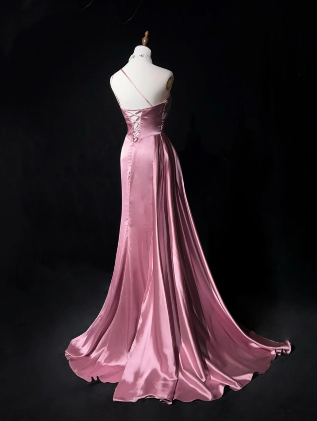Chic One Shoulder Satin Sequin Beaded Mermaid Long Evening Dress Formal Pink Wedding Guest Dress D2073