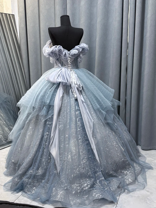 Fairy Off The Sholder Blue Tulle Sequin Beadded Birthday Quinceanera Dress Sweet 16 Dress D2473