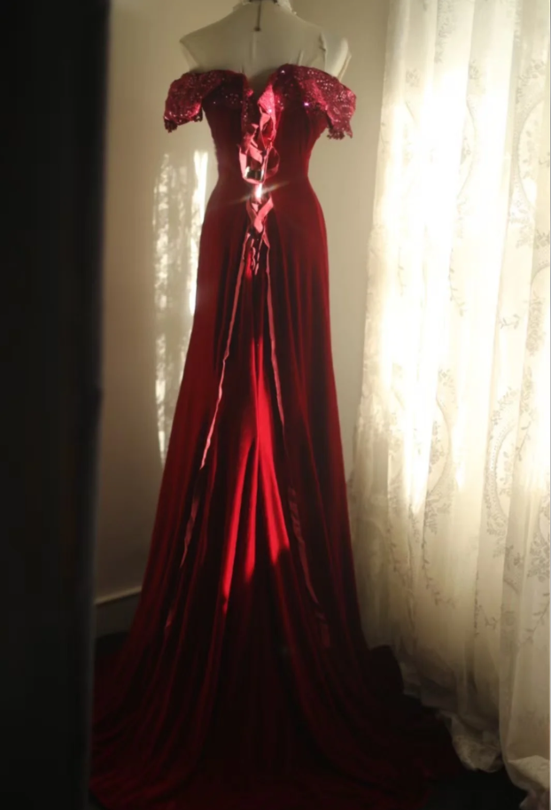 Classy Off The Shoulder Red Velvet Mermaid Long Evening Dress Formal Birthday Prom Dress D2207