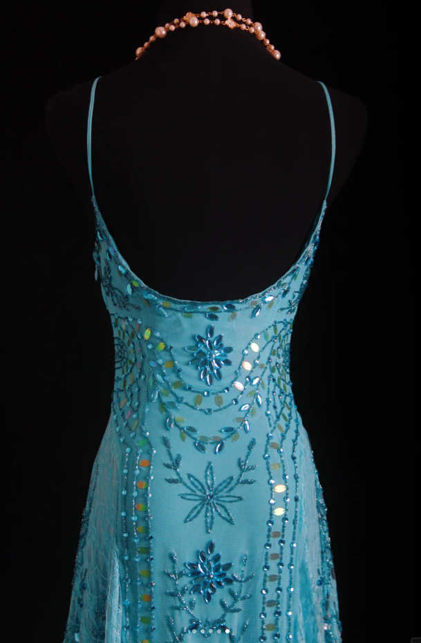 Sparkly Spaghetti Straps Blue Lace Beaded Mermaid Long Party Dress Birthday Prom Dresses D1664