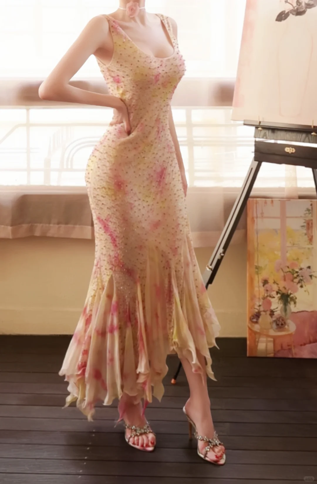 Pretty Sleeveless Chiffon Print Floral Beaded Mermaid Long Party Dress Birthday Dress D2770