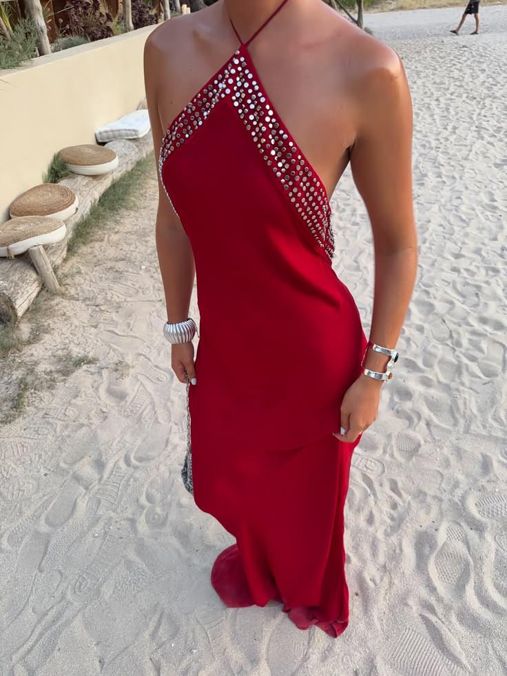 Sexy Red Halter Satin Mermaid Party Dress Long Wedding Guest Dress D3795