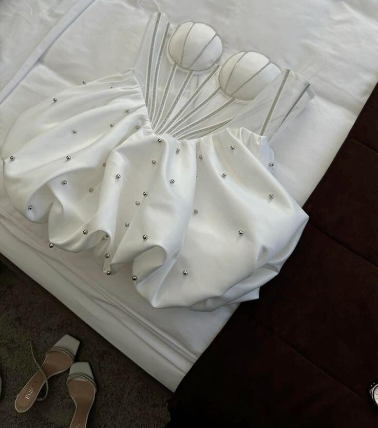 Elegant White Satin Beaded A Line Short Graduation Homecoming Dress,Strapless Mini Birthday Dress D4016