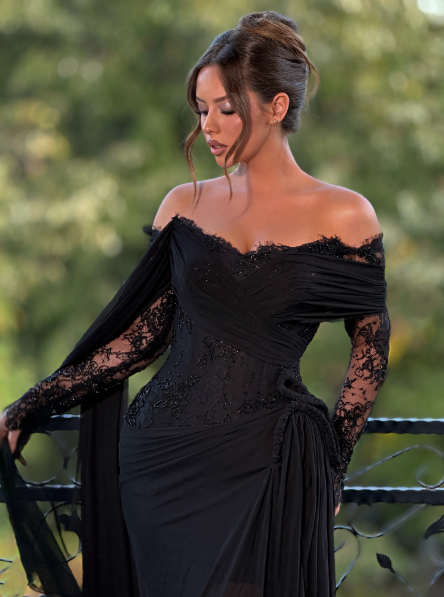 Elegant Off The Shoulder Lace Chiffon Mermaid Evening Dress Black Long Party Gown D5256