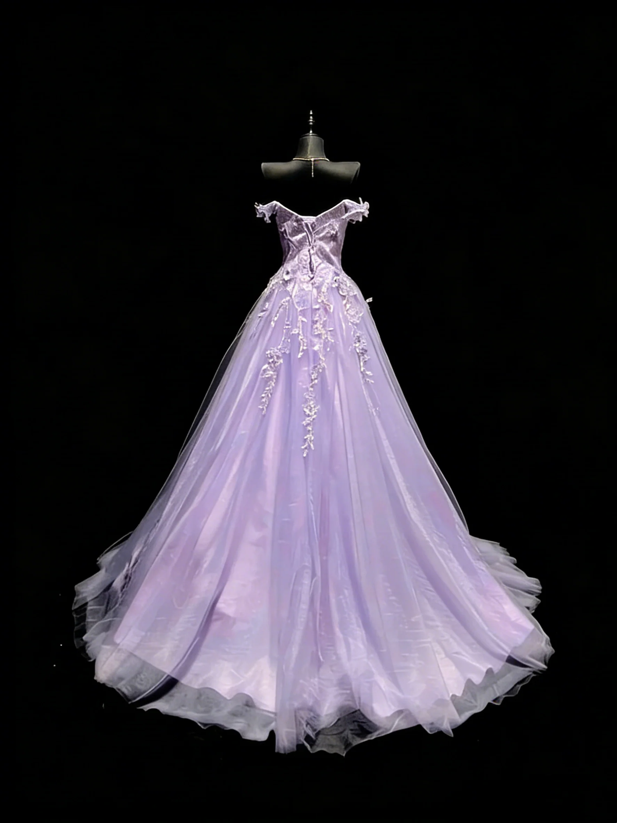 Elegant Off The Shoulder Lilac Tulle Appliques Long Evening Dress Party Gown D4892