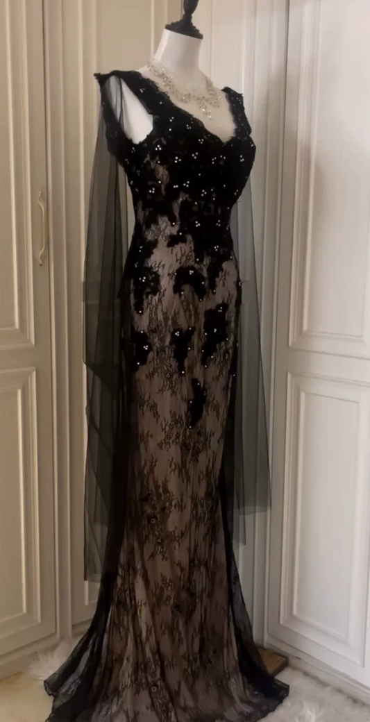 Elegant Black Lace Appliques Beaded Mermaid Evening Dress Long Birthday Prom Gown D3103