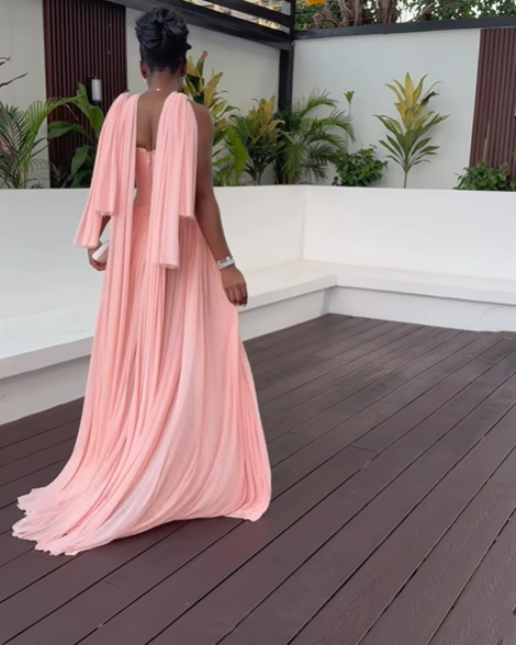 Stylish Pink Chiffon Pleated A Line Long Wedding Guest Dress Evening Dress With Ribbon D1363