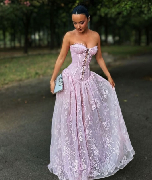 Glamorous Sweetheart Neck Pink Lace A-Line Long Prom Dress Evening Dresses D1499