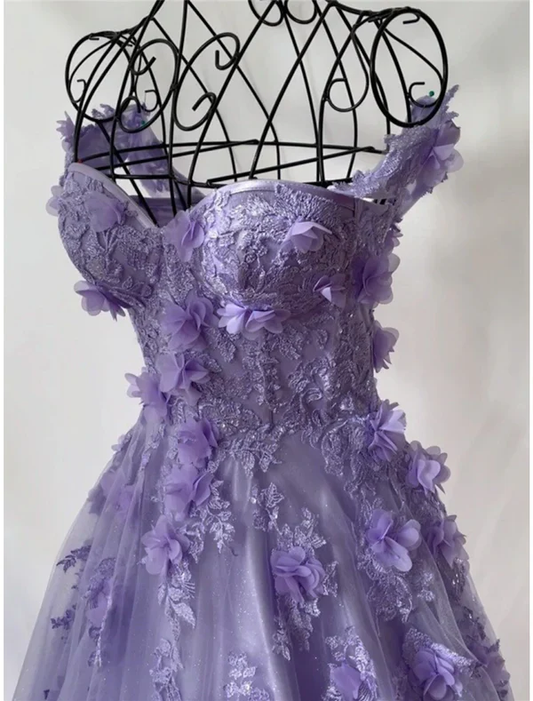 Retro Lavender Off Shoulder Tulle Floral Party Dress Tulle Prom Dress Evening Dress SD1747
