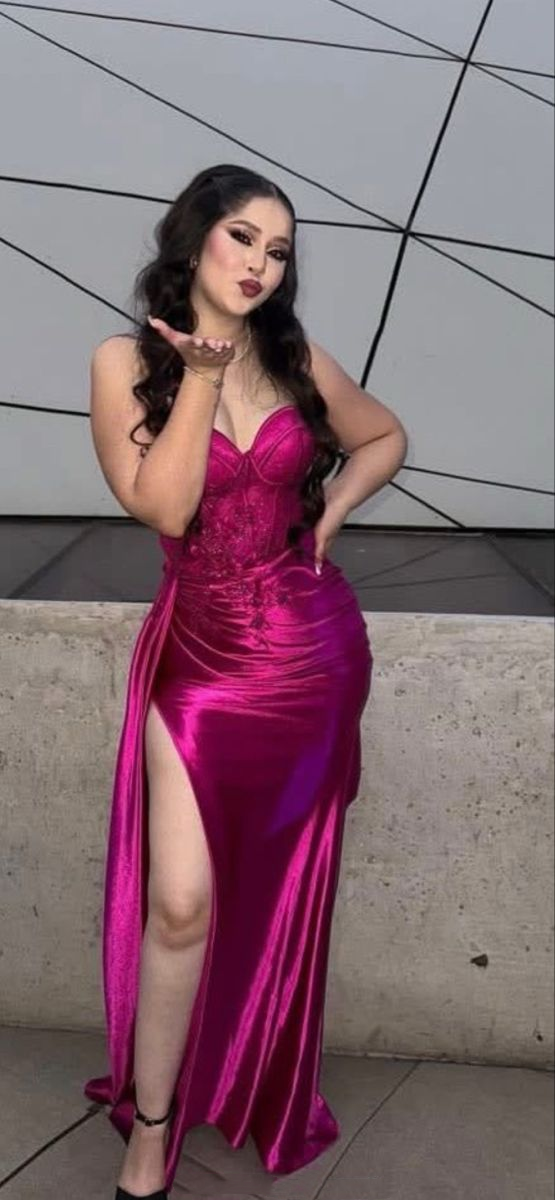 Sexy Sweetheart Neck Dragon Fruit Color Satin Appliques Mermaid Slit Long Party Dress Prom Gown D2901