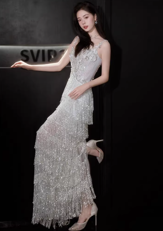 Glitter Spaghetti Straps Silver Satin Beaded Layered Tassel Long Party Dress Evening Gown D2218