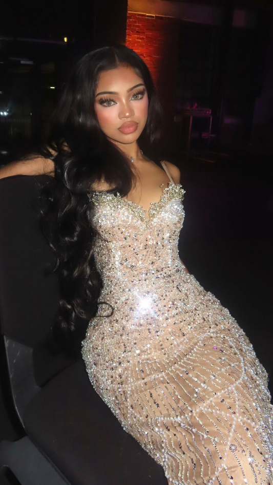 Gorgeous Spaghetti Straps Champagne Sequin Beaded Mermaid Prom Dress Long Evening Gown D1058