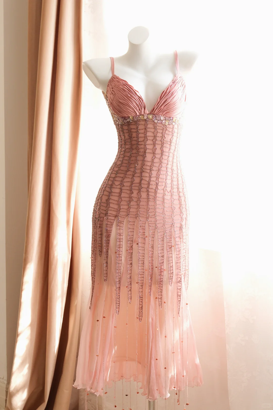 Vintage Peach Pink Chiffon Mermaid Long Party Dress Spaghetti Straps Prom Gown D2714