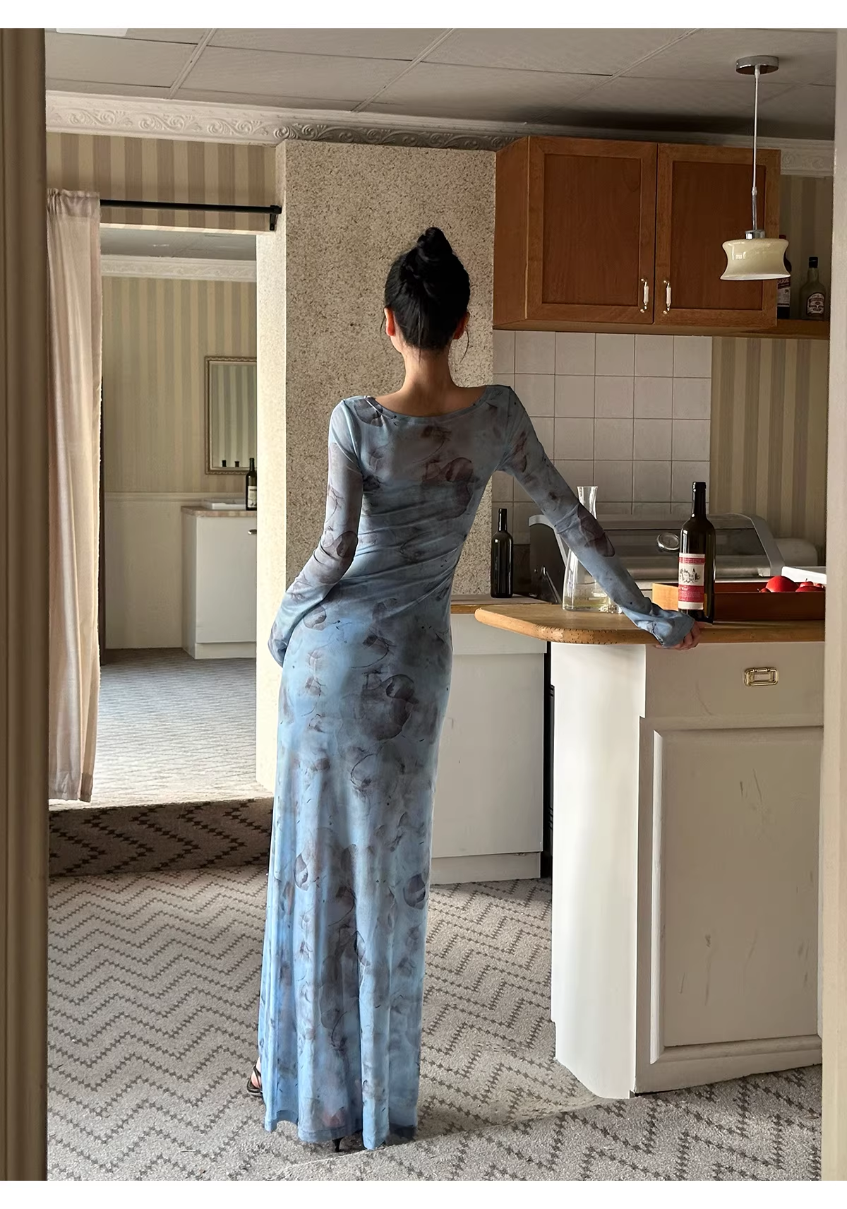 Charming V Neck Blue Lace Sheath Long Evening Dress Formal Wedding Guest Dress D2081