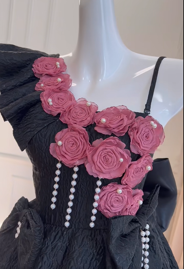 Uniques Rose Flowers Black Off The Shoulder Homecoming Dress A Line Birthday Dress S485