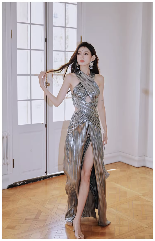 Fashion Silver Gray Satin Pleated High Slit Long Evening Dress Sexy Prom Dress D2429