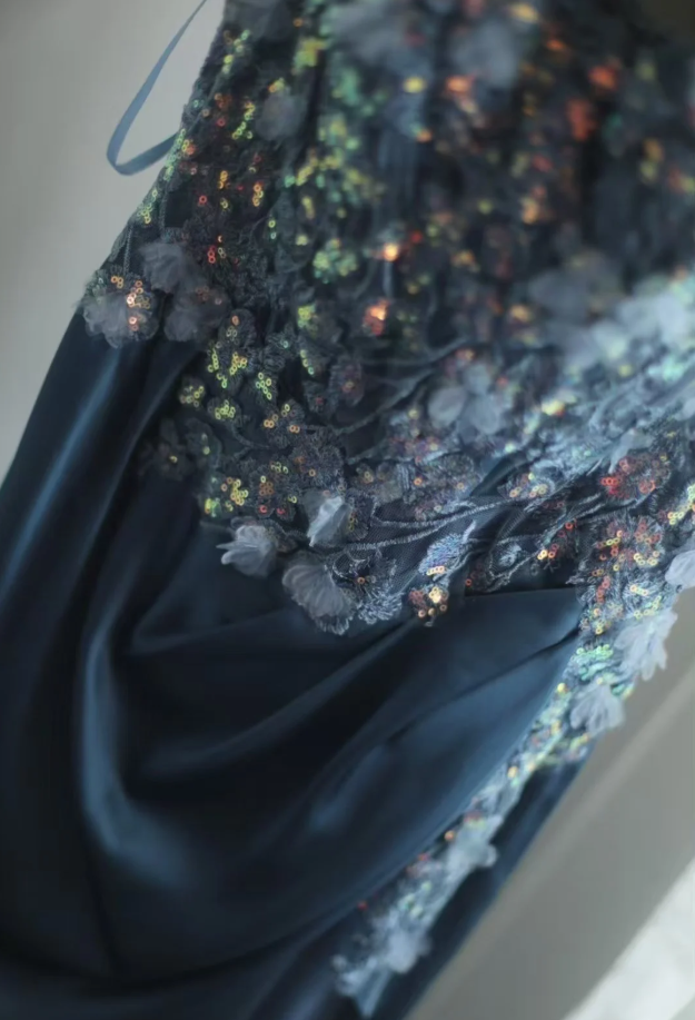 Gorgeous Off The Shoulder V Neck Satin Sequin Appliques Evening Dress Long Mermaid Slit Prom Dresses D2203