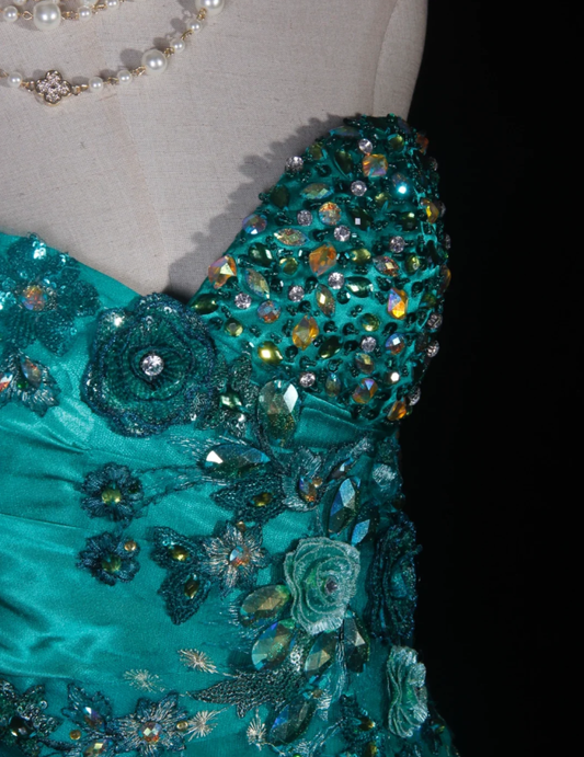 Fashion Strapless Green Satin Beaded Birthday Prom Dress Embroidery Floral Mermaid Long Evening Dress D2281