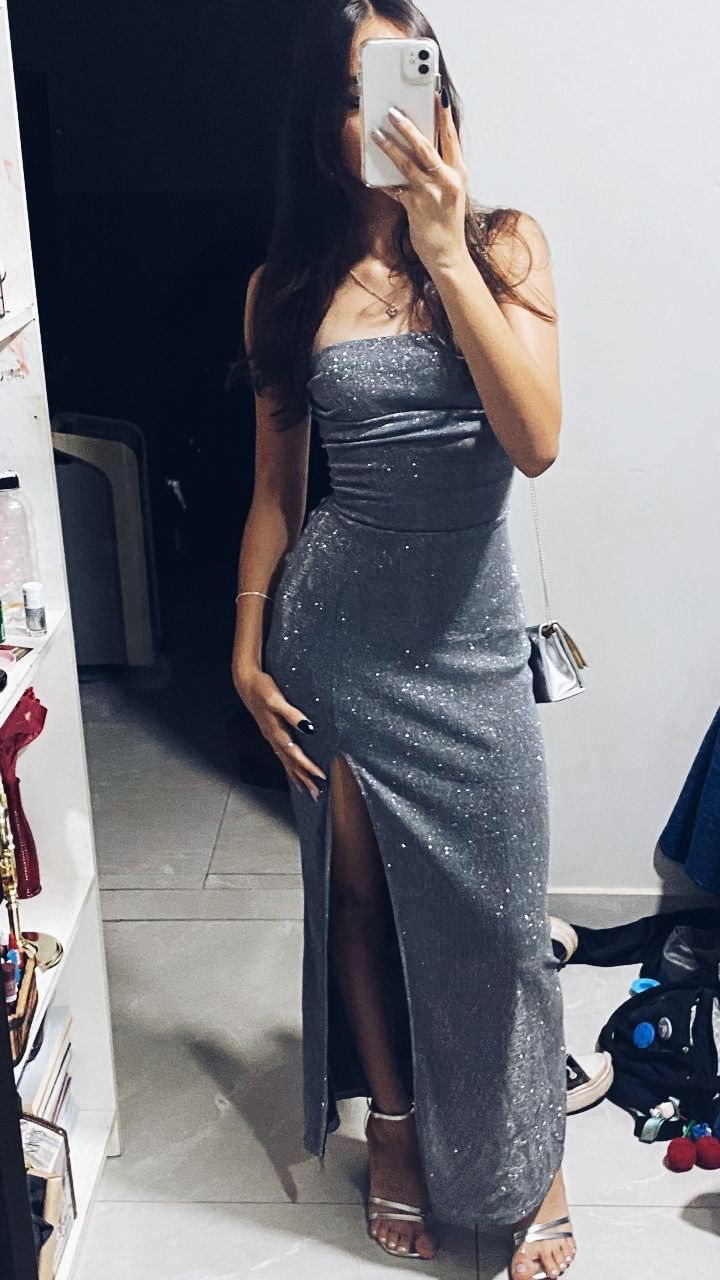 Shiny Strapless Gray Sequin Sheath Slit Long Evening Dress Birthday Dress D2870