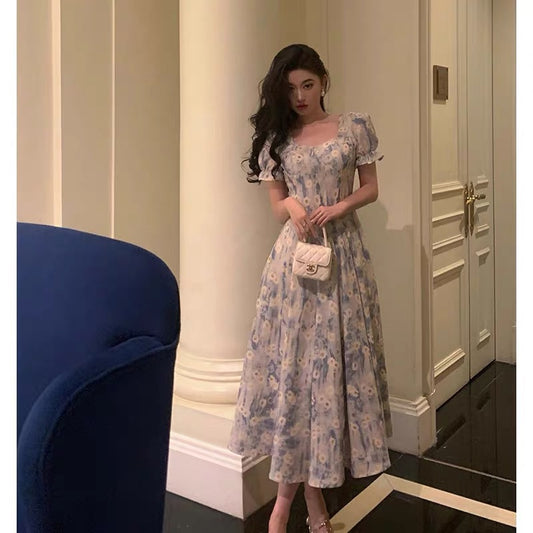 Classy A line Square neckline Blue Chiffon Long Prom Dresses Birthday Outfits Evening Gown SD1013