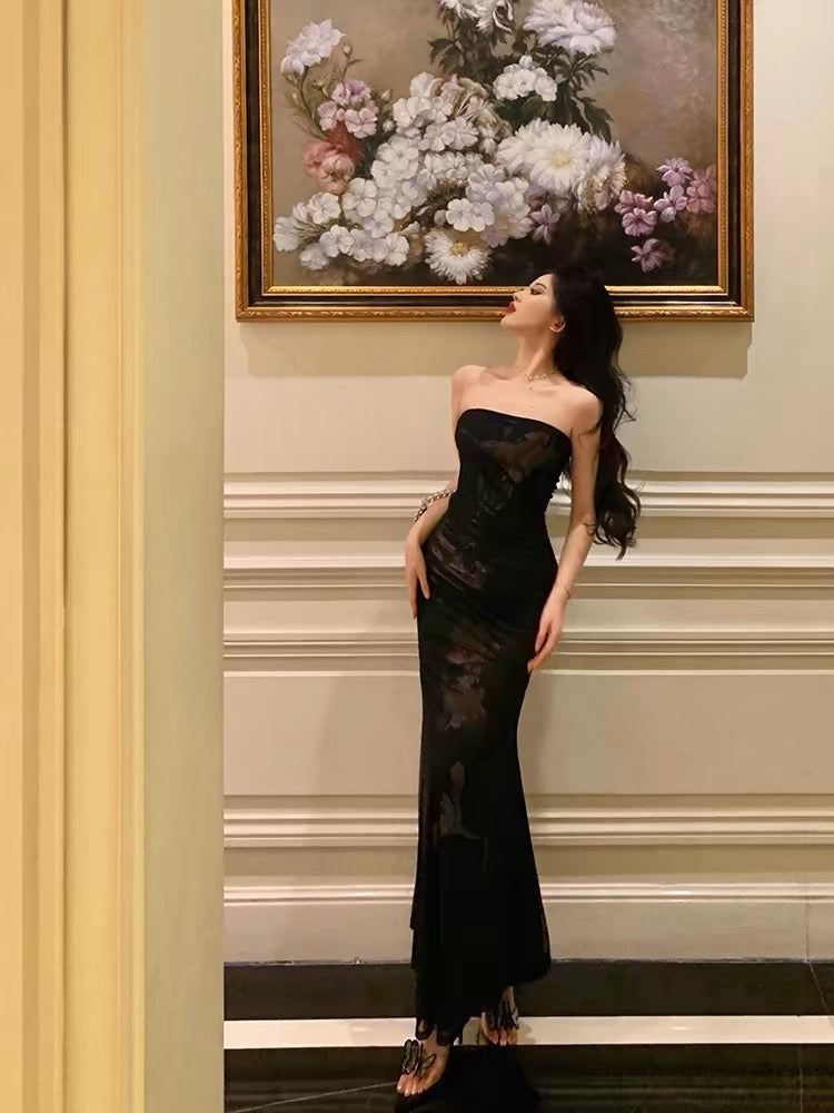 Sexy Sheath Spaghetti Straps Sleeveless Black Prom Dresses Birthday Outfits With Flower main image 1