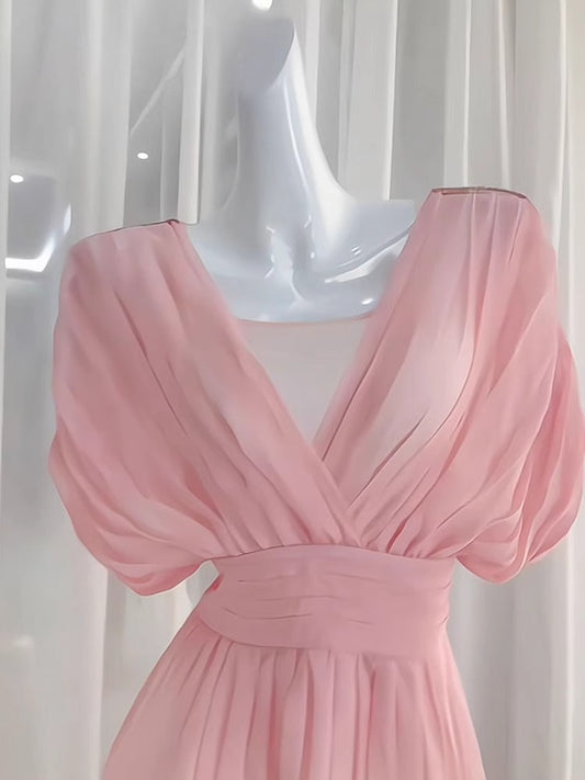 Sexy A line V Neckline Ruffled Pink Chiffon Beach Dress Women's Vacation Dresses SD1141