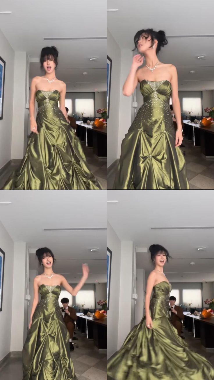 Retro Ball Gown Strapless Green Ruffles Satin Long Party Dress Prom Dresses SD1388