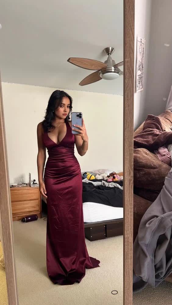 Charming Burgundy A Line V Neck Pleated Satin Long Prom Dress Party Dress DP4309 main image 1