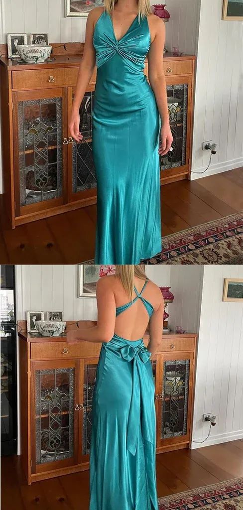 Elegant Sexy V-neck Sleeveless Mermaid Satin Evening Prom Dresses SD1565